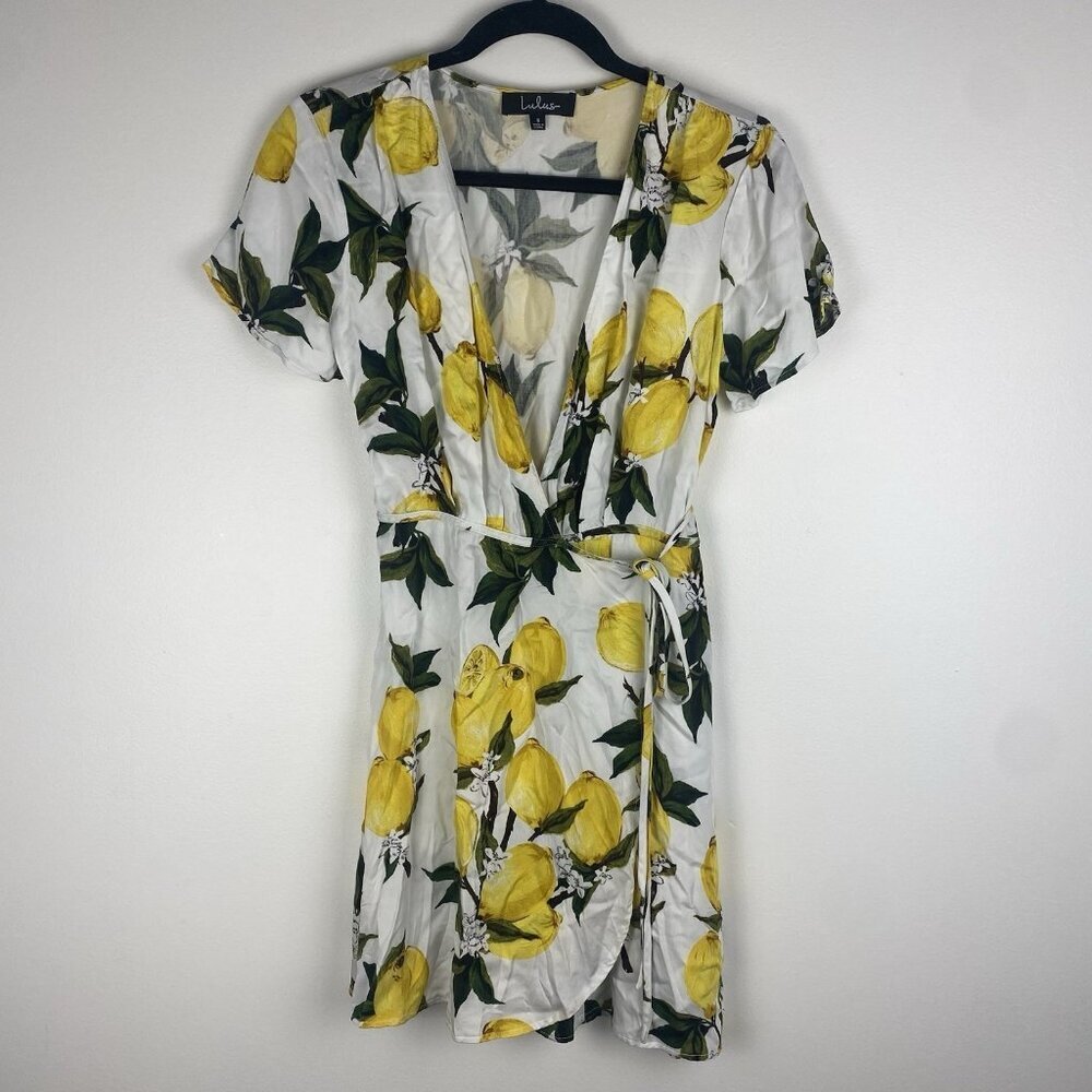 Lulu's White Lemon Print Mini Wrap Dress with Yellow & Green